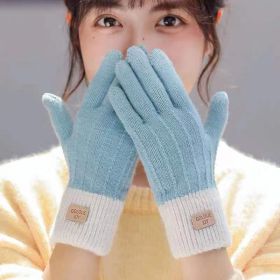 Winter Mittens Brown Striped Embroidered Warm Cycling Spot Universal Cartoon Gloves Ins (Option: Blue)